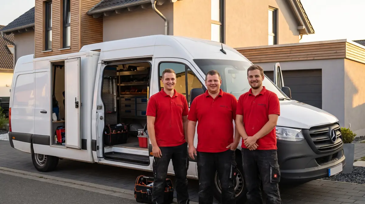 Das Team von Elektro Dietz in roten Poloshirts vor dem Firmentransporter