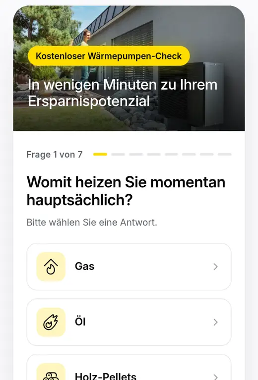 Handy-Ansicht: Wärmepumpen-Check auf der Webseite, Frage 1 von 7