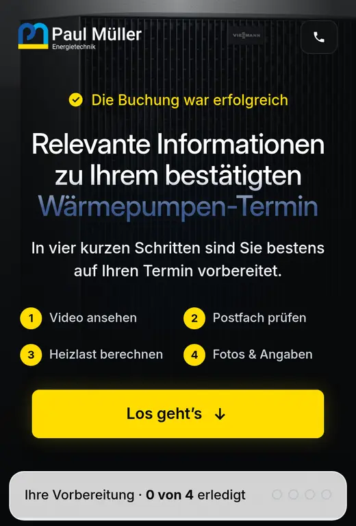 Handy-Ansicht: Buchung erfolgreich, vier Schritte zur Vorbereitung auf den Termin