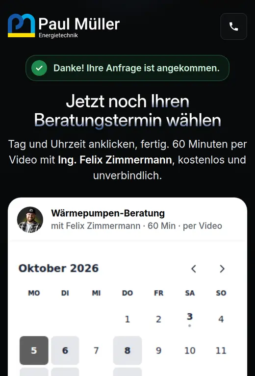 Handy-Ansicht: Anfrage angekommen, Kalender zur Video-Beratung mit Felix Zimmermann